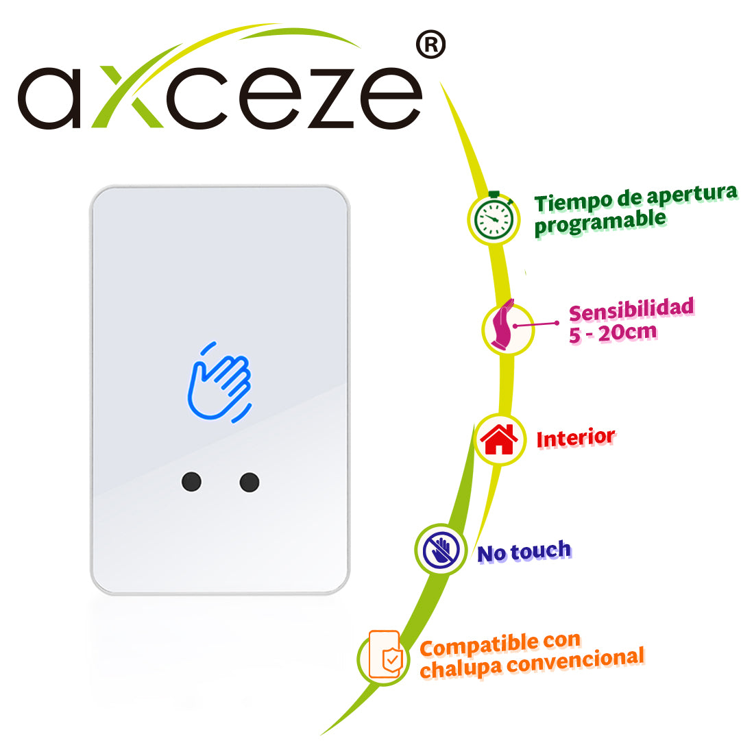 boton de peticion de salida sin contacto ax-b160 formato vertical cubierta plastica blanca cuenta con led indicador de estado permite ajustar la distancia de deteccion y tiempo de respuesta para generar la apertura