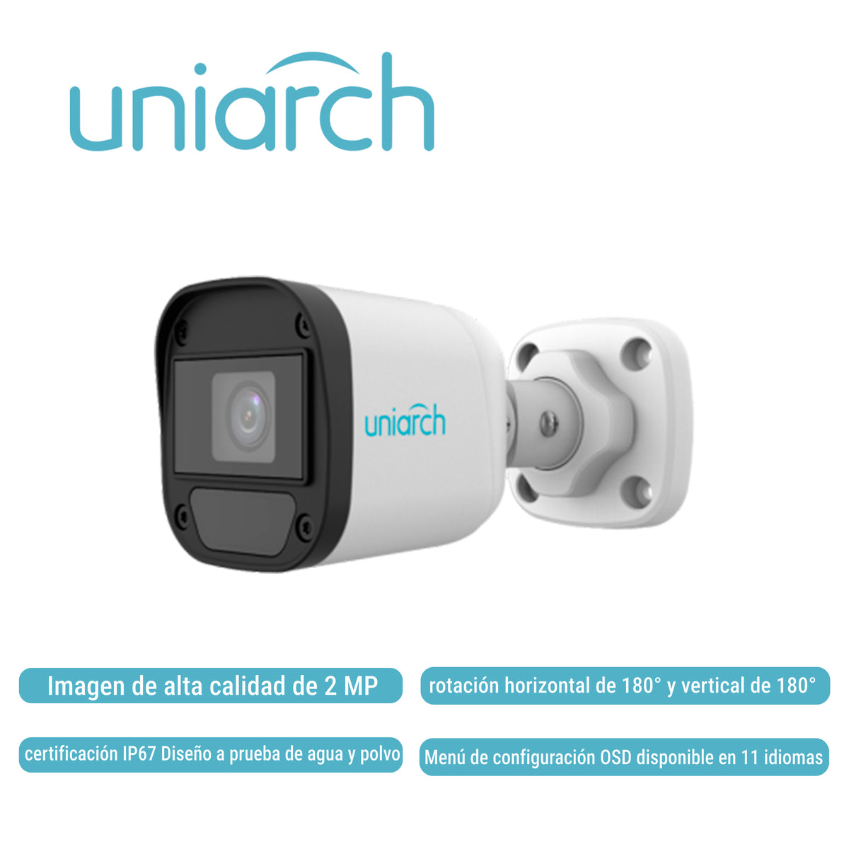 camara analoga bullet uniarch uac-b112-f28-x-h / 2mp / tvi/ahd/cvi: 1080p@30fps / lente-2.8mm / dwdr / ir20m / osd-menu / 3dnr / interior+exterior / admite-giro180grados(horizontal+vertical) / plastica / ip67 / 12vcd