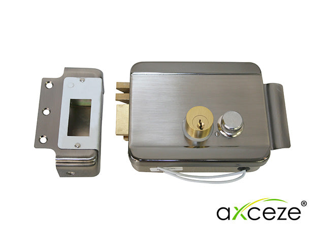 cerradura electromecanica axceze ax-lockl orientacion izquierda instalacion sobre poner apertura interna por boton fabricada en acero