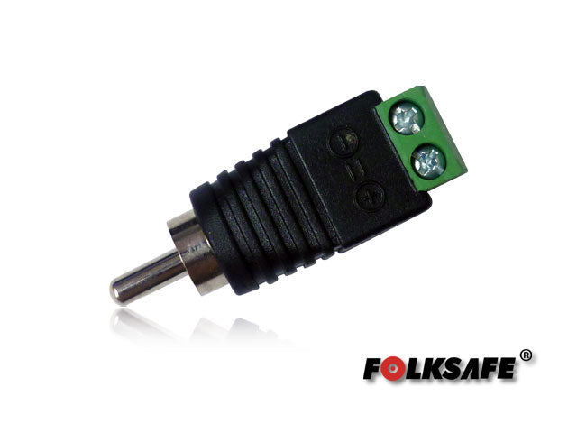 conector audio rca macho fs-rca1 folksafe tipo jack con bloque polarizado(+/-) para atornillar cable de audio o utp recomendado para audio en camaras cctv a 2 hilos medidas del conector 40 x 12 mm