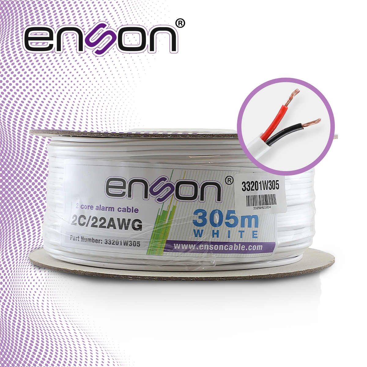 cable de alarma enson 33201w305 serie pro-ii multifilar 2c/22 awg bobina de 305 metros forro pvc color blanco para uso interior diseñado para conexiones de sistemas de alarma