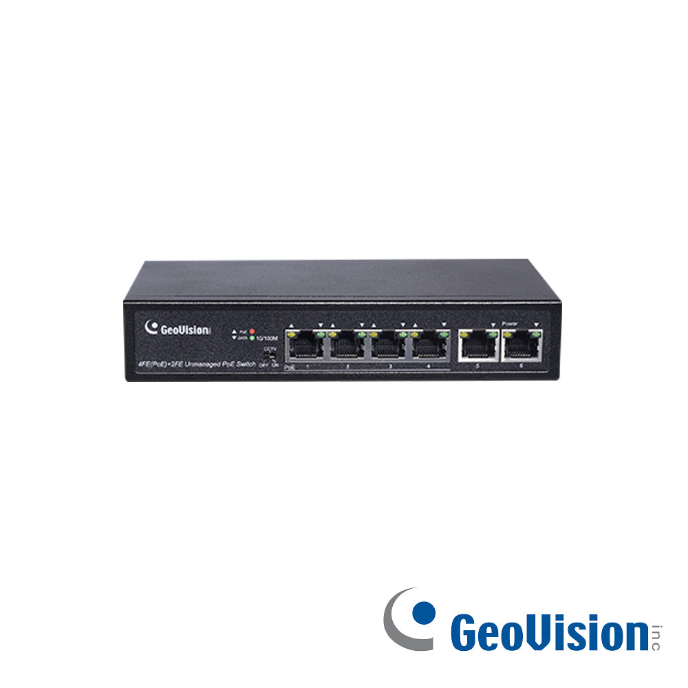 switch geovision gv-apoe0400 poe no administrado 10/100 mbps 4 puertos poe ieee 802.3at 32w por puerto 2 puertos fast ethernet