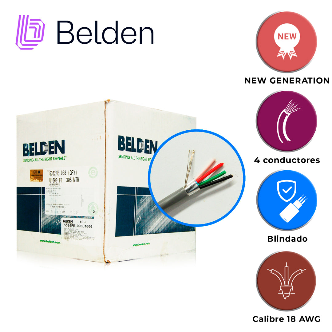 cable de seguridad y sonido belden 5302fe 008u1000 / interior / gris / 4 conductores / 18 awg / multifilar / forro pvc / cmr / blindado / en caja / 1000 pies 305 metros