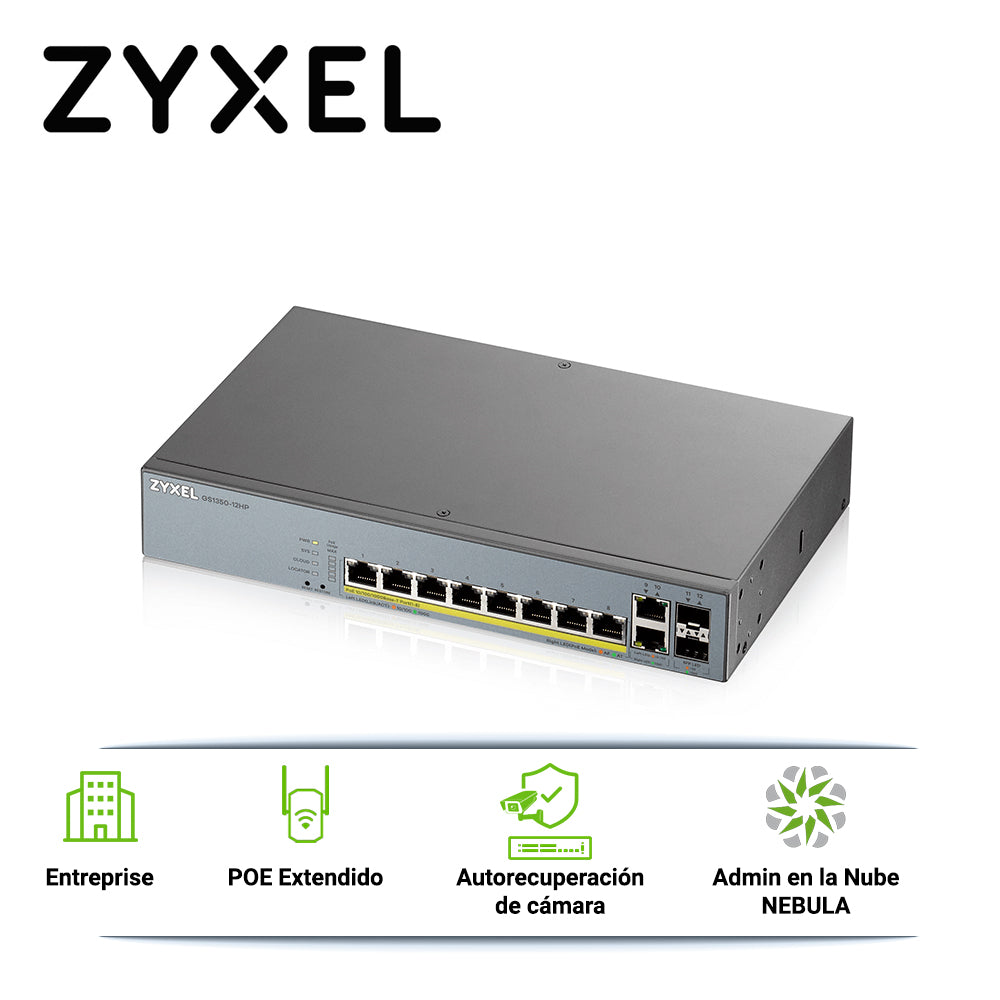 switch poe gigabit 8ptos+2uplink enterprise nebula zyxel gs1350-12hp 10 puertos rj45 10/100/1000mbps poe+ af/at + 2 puertos sfp 1000mbps administrable l2 total 130w