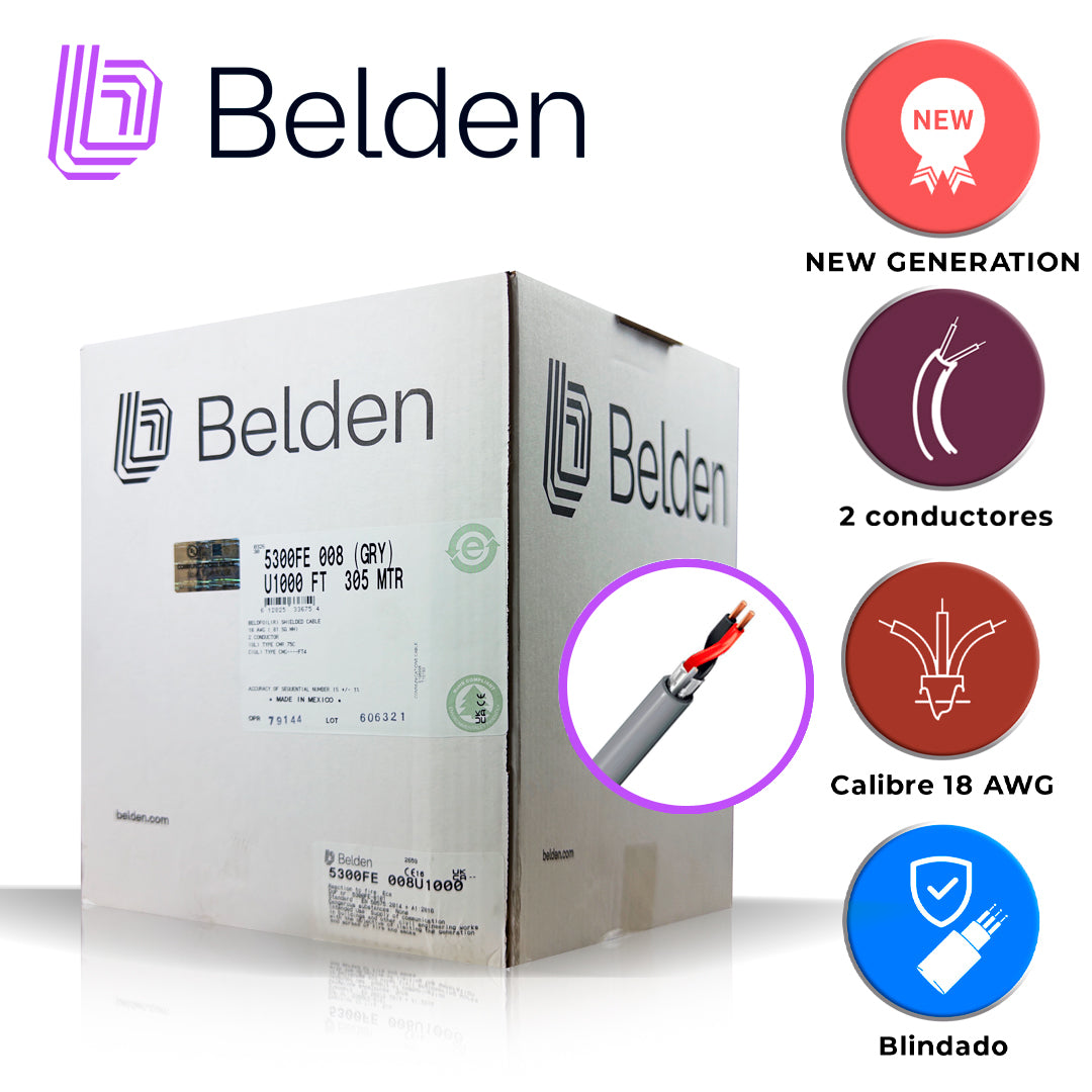 cable de audio comercial y seguridad belden 5300fe 008u1000 / interior / gris / 2 conductores / 18 awg / multifilar / forro pvc / cmr / blindado / en caja / 1000 pies 305 metros
