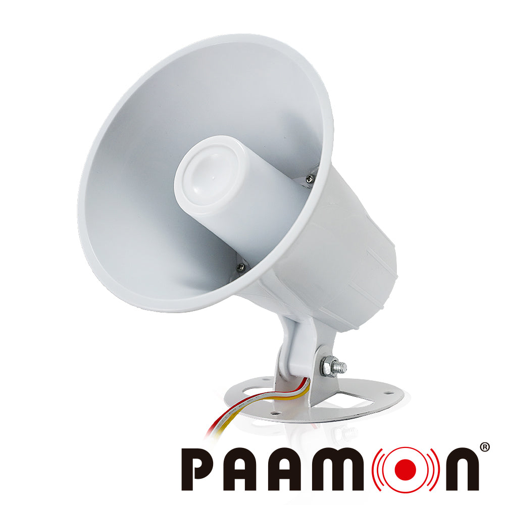 sirena 15watts paamon pam-sre15w doble tono / alambrica / color blanco / material abs/ uso en interior y exterior/ nivel de sonido 100 a 110db/ compatible con todos los sitemas de alarma
