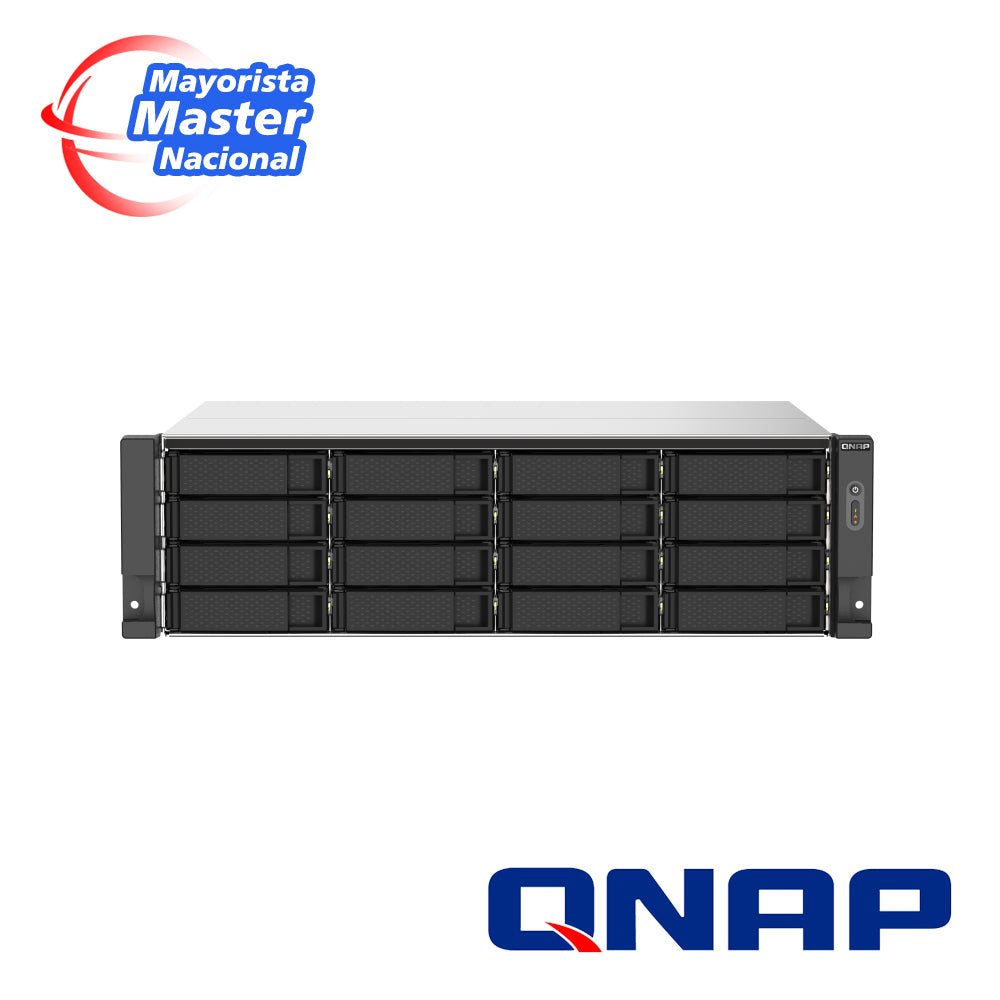nas qnap ts-1673au-rp-16g-us / procesador amd ryzen v1500b / memoria ram 16gb / 16 bahias frontales sata 3.5 pulgadas y 2.5 pulgadas / 2 puertos rj45 2.5gbe / fuente redundante / montaje en rack