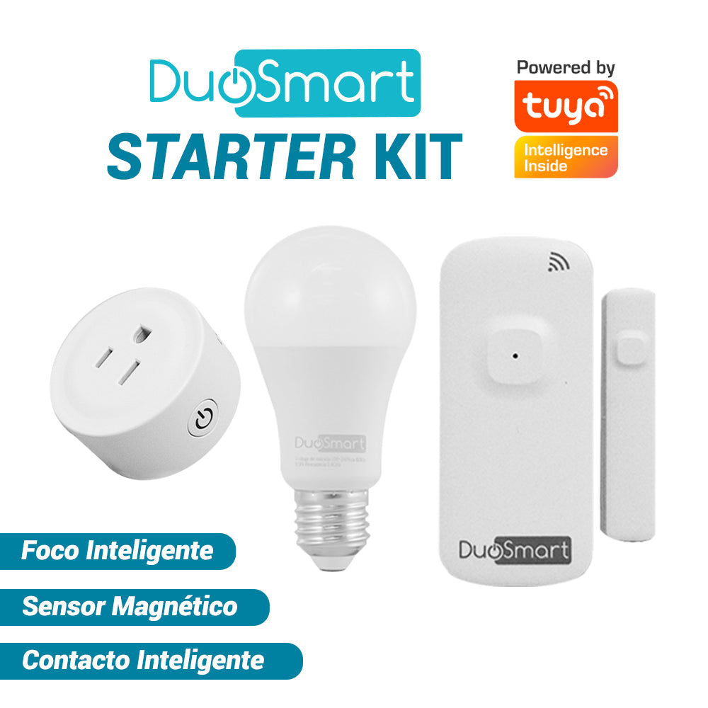 kit de inicio de duosmart starter kit duosmart. incluye: 1 foco inteligente s10 1 contacto de sobreponer b30 y 1 sensor magnético d10