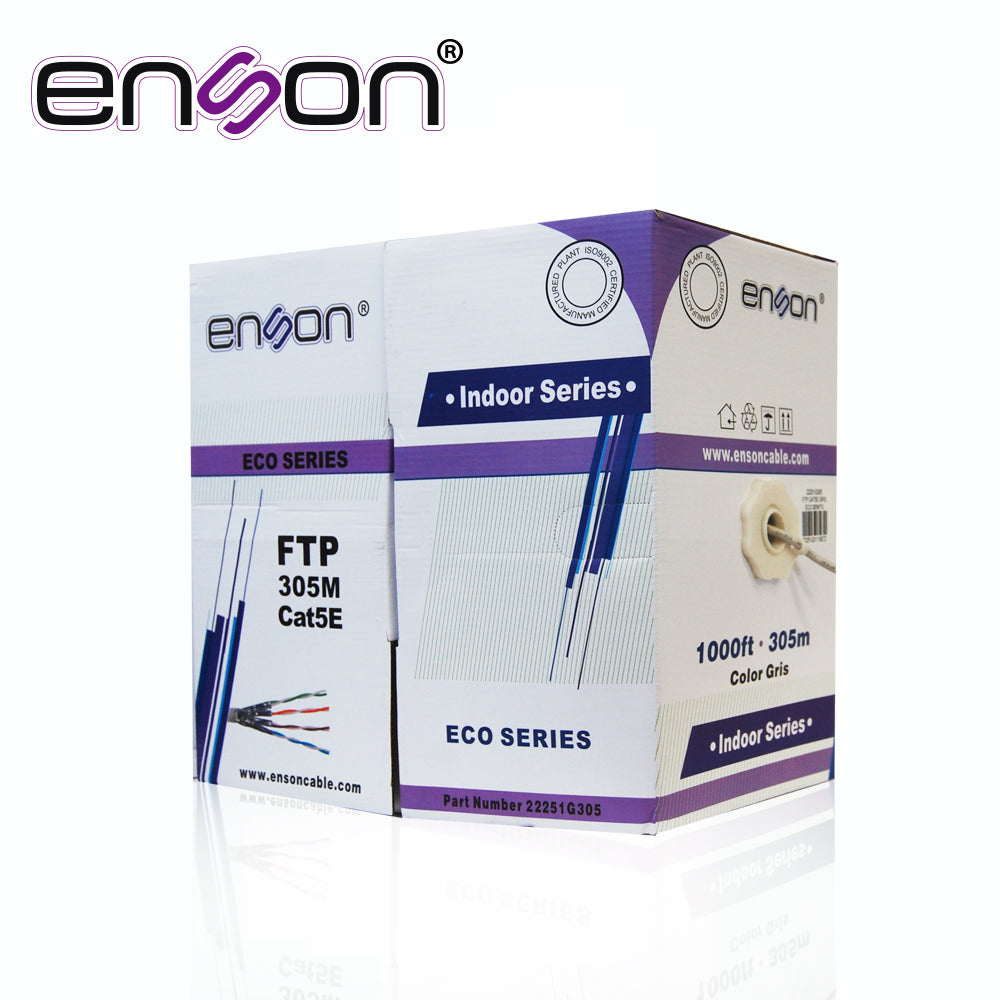 cable ftp cat5e enson modelo ftp 22251g305 serie eco blindado calibe 24 awg cca bobina de 305 metros forro pvc color gris uso interior recomendado para transmision de datos base 10100