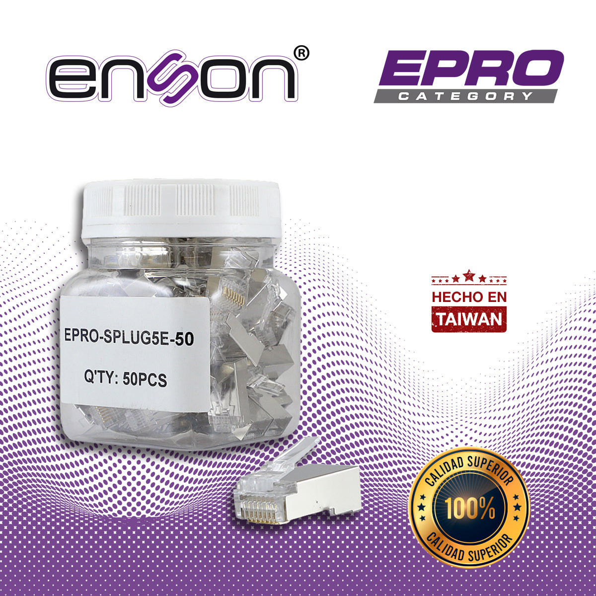 plug facil ponchado blindado enson epro-splug5e-50 bote de 50 pzs para cable utp cat5e con sistema de paso de cables passtru que facilita el ponchado de cable utp ya que se puede identificar errores de manera mas facil requiere uso de pinzas epro-plugtool