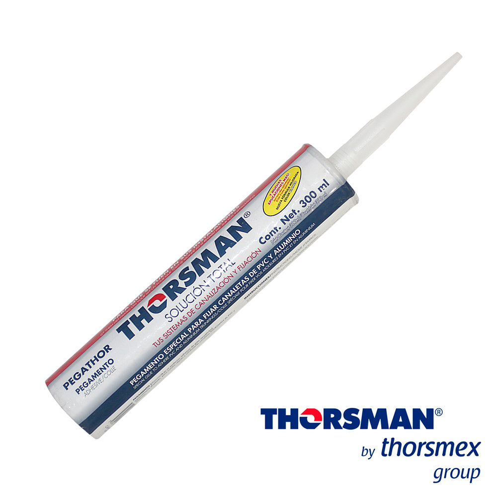 pegathor para canaletas thorsman 9999-88888 color blanco tubo de 300 mlrendimiento: 3.5 m lineales con un cordon de 5mm (70 g) / 18 m lineales con un cordon de 5mm (300 ml) resistencia al calor intemperie humedad y agua