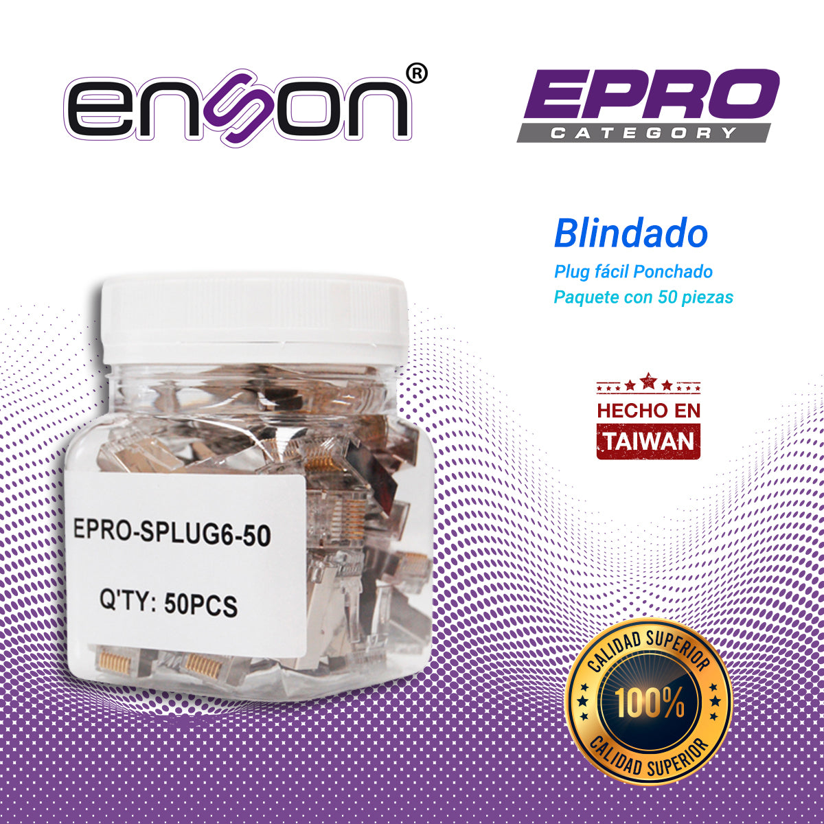 plug facil ponchado blindado enson epro-splug6-50 bote de 50 pzs para cable utp cat6 con sistema de paso de cables passtru que facilita el ponchado de cable utp ya que se puede identificar errores de manera mas facil requiere uso de pinzas epro-plugtool