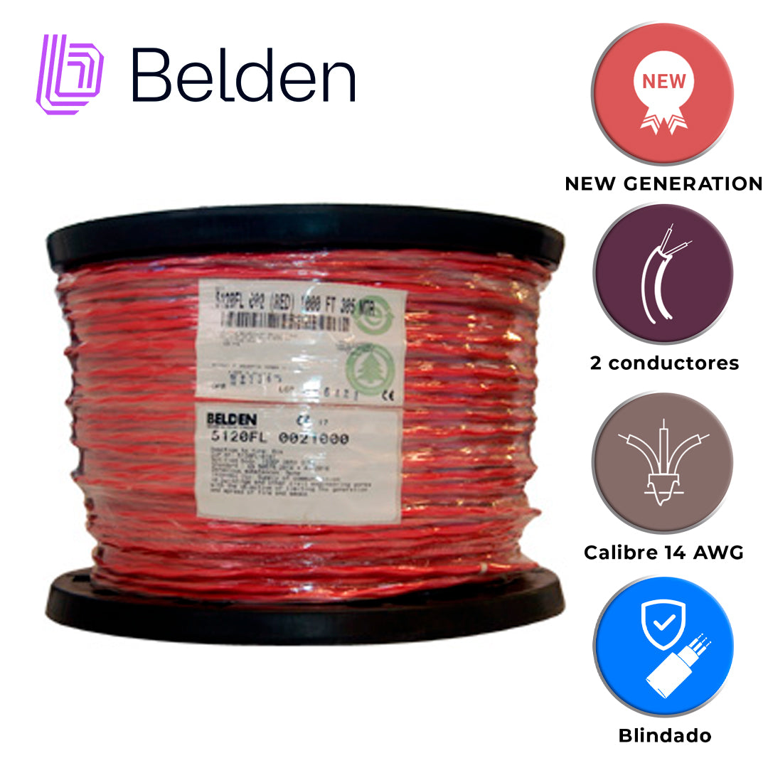 cable de alarma contra incendios belden 5120fl 0021000 / interior / rojo / 2 conductores / 14 awg / solido / forro pvc / cmr - fplr / blindado / bobina / 1000 pies 305 metros