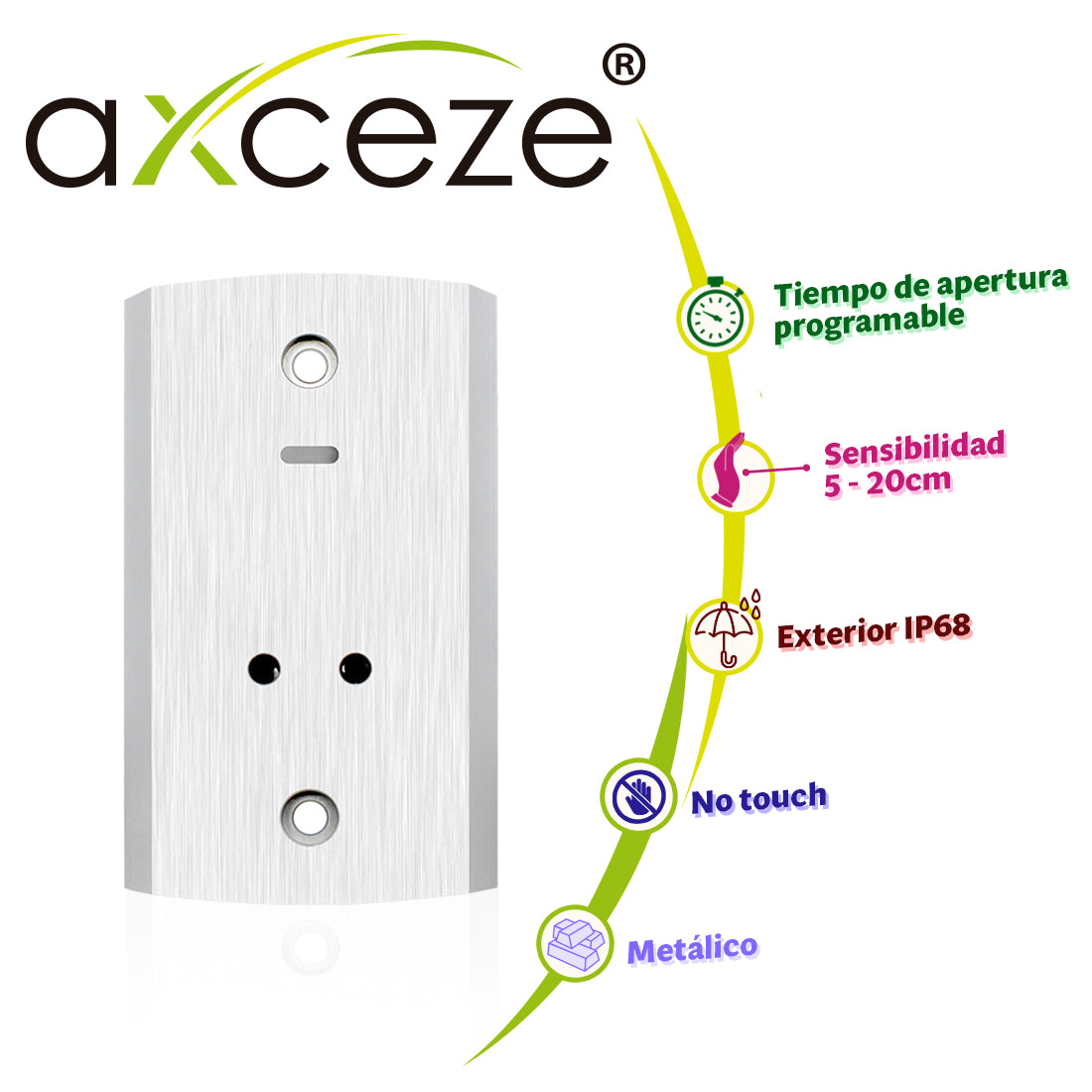 boton de perticion de salida ax-b140 formato vertical cubierta metalica grado de proteccion ip68 soporta exterior tiene led indicador de estado se puden ajustar la distancia de activacion y el retardo para abrir la puerta