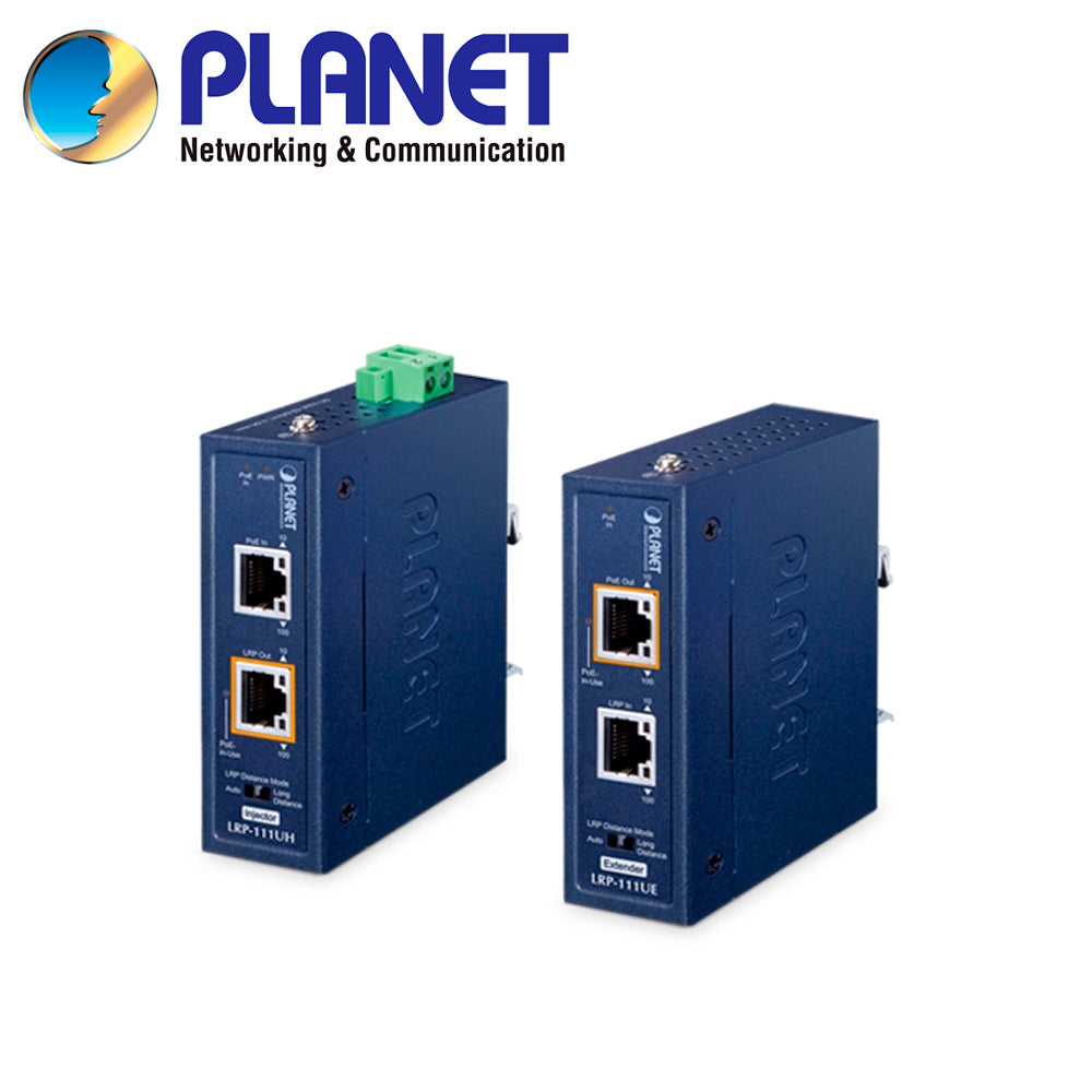 kit extensor industrial poe++ planet lrp-111u-kit / 1 inyector lrp-111uh + 1 extensor lrp-111ue / puertos rj45 poe bt 10/100mbps / budget poe 60w / hasta 800 metros / temperatura operacion -40 - 75 grados celsius