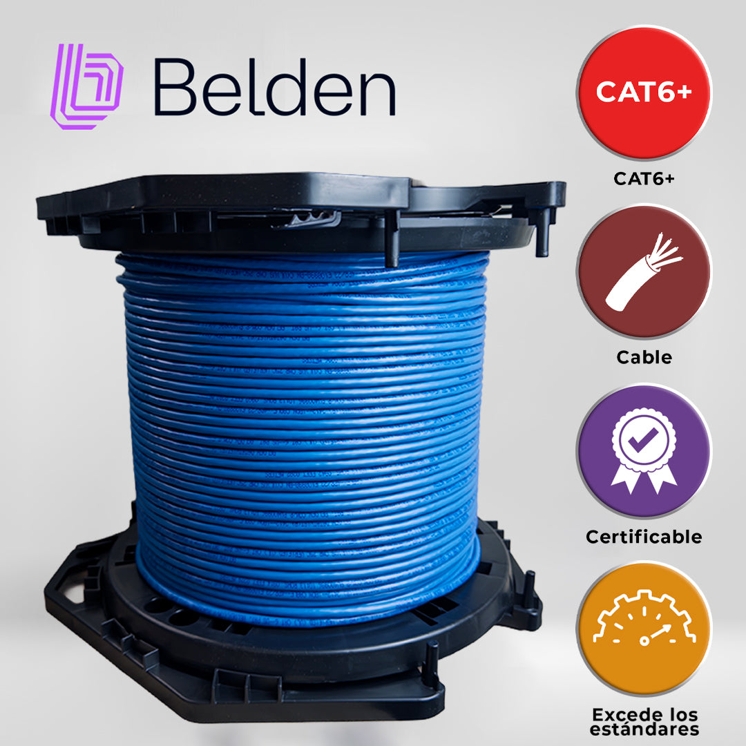 cable utp cat6+ belden 2412 006a1000 / interior / azul / 350mhz / 4 pares / 23 awg / forro pvc / cmr / certificable / bobina en caja / 1000 pies 305 metros
