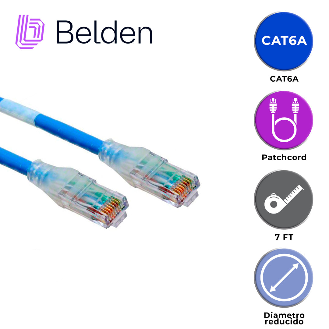 patch cord diametro reducido utp cat6a belden cad1106007 / interior / azul / 4 pares / 28 awg / forro pvc / cmr / 7 pies 2.1 metros