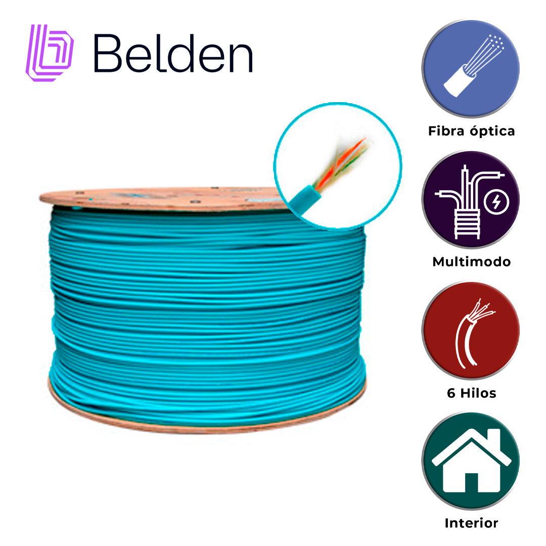 fibra optica belden fi3d006r9 / interior / aqua / om3 / 6 hilos / forro pvc / ofnr / bobina / 1640 pies 500 metros