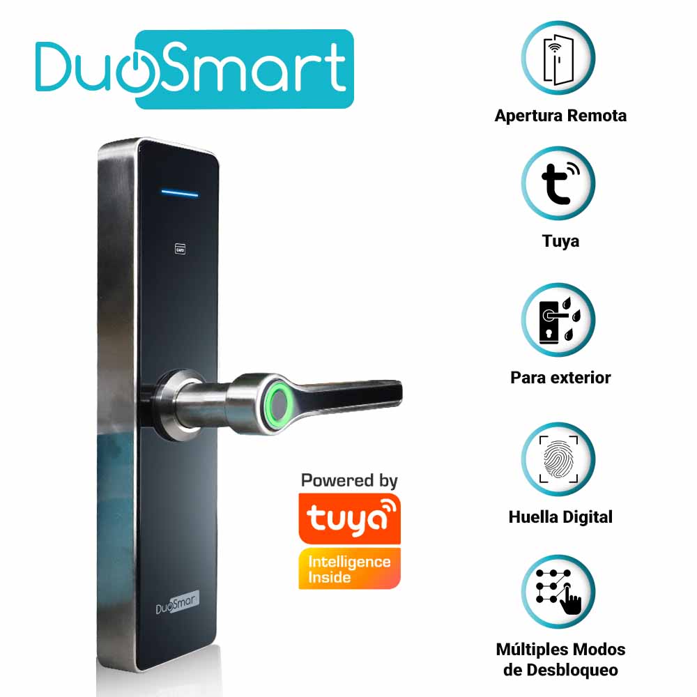 cerradura biometrica wifi 2.4 ghz duosmart f30 para exteriores. acepta tarjetas mf huella digital contraseña y llave; con puerto de alimentacion de emergencia usb tipo c; es compatible con la aplicacion duosmart