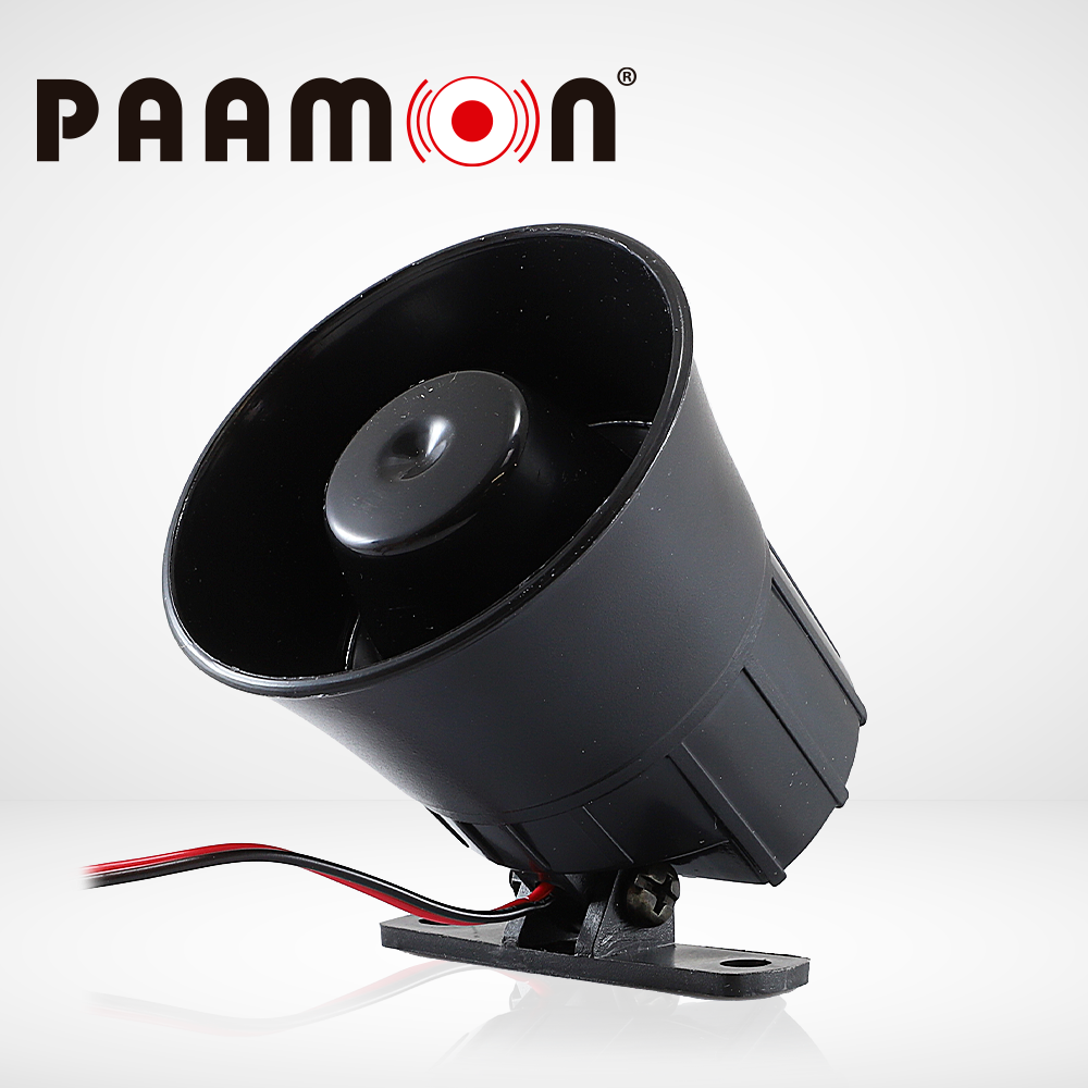 mini sirena paamon 15 watts pm-sre108 1 tono uso para interior y exterior material plastico abs nivel de sonido 110db voltaje de operacion de 9-15vdc compatible con cualquier sistema de alarma.
