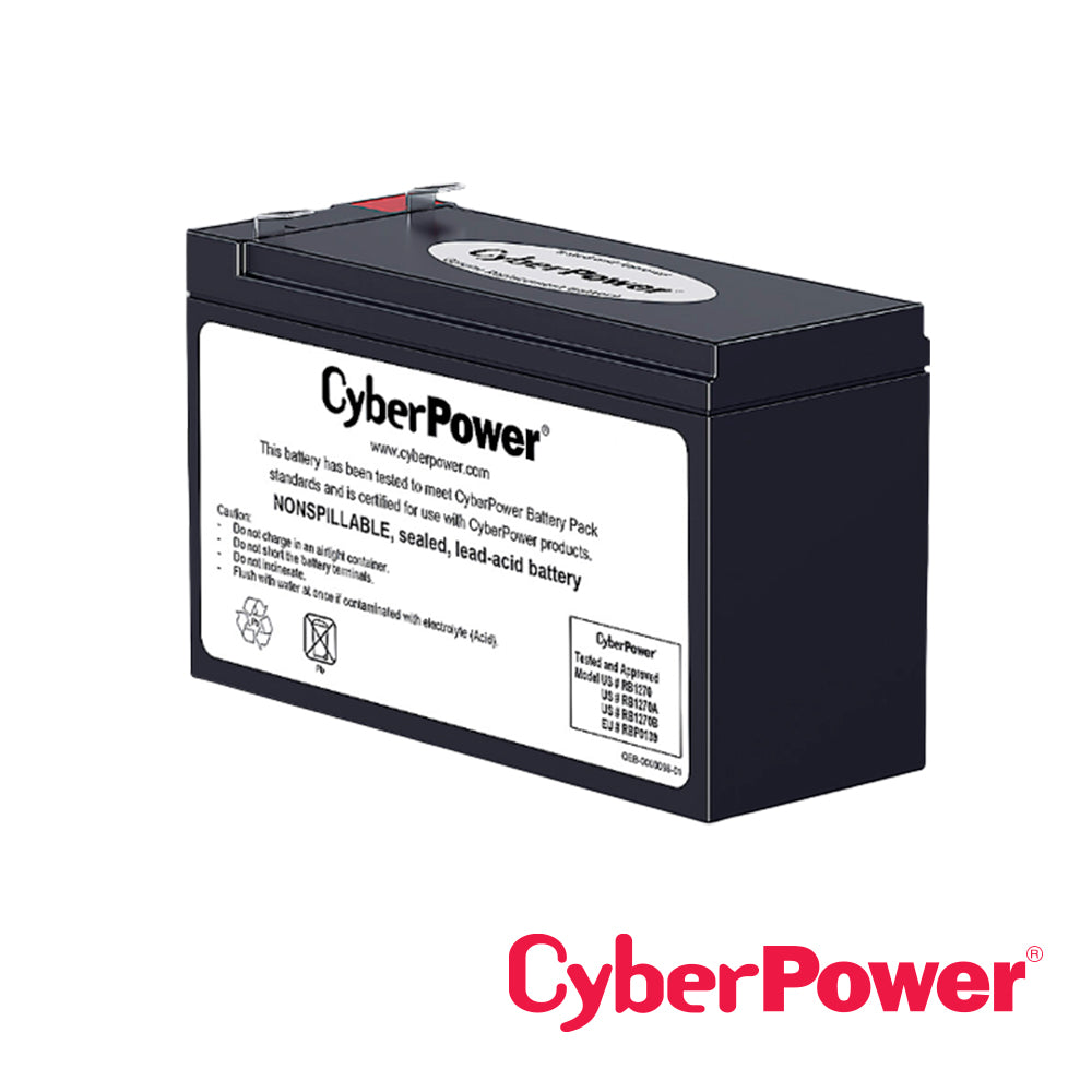 bateria cyberpower rb1270b certificada de reemplazo de 12v 7.2ah color negro incluye empaque para transporte de bateria usada a un centro de reciclaje 1 año de garantia
