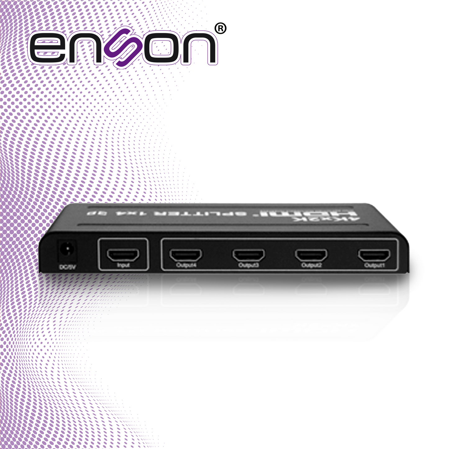 distribuidor hdmi enson ens-hdmi14 con una entrada y cuatro salidas hdmi para distribuir el video de un dispositivo (laptop grabador de video consolas de videojuego etc) a cuatro pantallas distintas al mismo tiempo incluye fuente de alimentacion de 5v