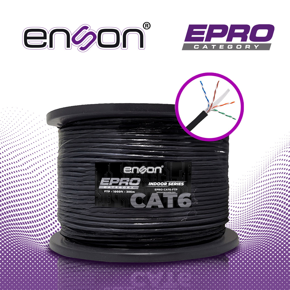 cable ftp cat6 enson epro-cat6-ftp forro pvc blindado 4 pares calibre 23 awg 100% cobre uso interior bobina 1000 pies 305 metros **certificacion ul**