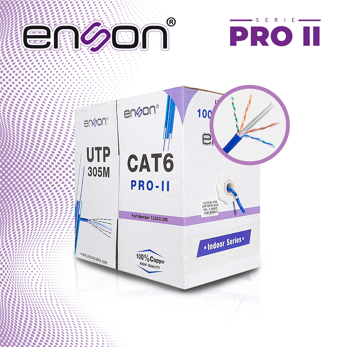 cable utp cat6 enson 12263l305 serie pro-ii calibe 23 awg 100% cobre de alto rendimiento bobina de 305 metros forro pvc color azul uso interior recomendado para cctv video ip y redes base 101001000