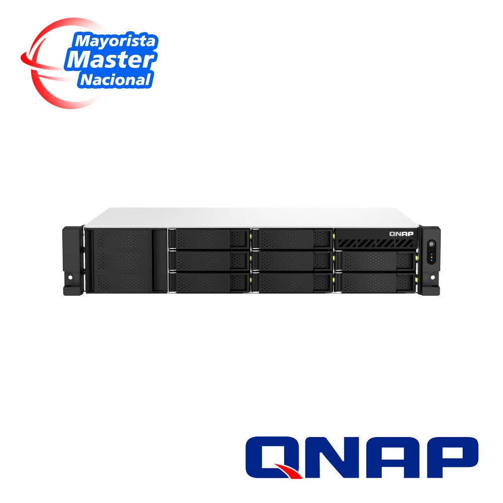 nas qnap ts-873aeu-rp-4g-us / procesador amd ryzen v1500b / memoria ram 4gb / 8 bahias frontales sata 3.5 pulgadas y 2.5 pulgadas / 2 puertos rj45 2.5gbe / fuente redundante / montaje en rack 2ur