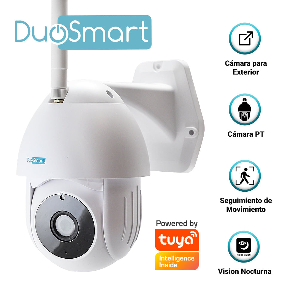 camara inteligente pt duosmart e70 wifi 2.4 ghz para exterior con audio bidireccional tipo domo 3mp con movimiento seguidor de personas y vision nocturna compatible con app duosmart soporta memoria microsd de hasta 128 gb (no incluida)