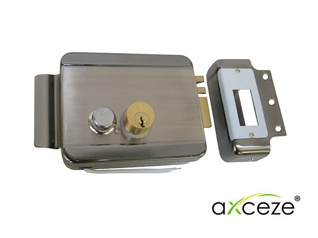 cerradura electromecanica axceze ax-lockr orientacion derecha instalacion sobre poner apertura interna por boton fabricada en acero