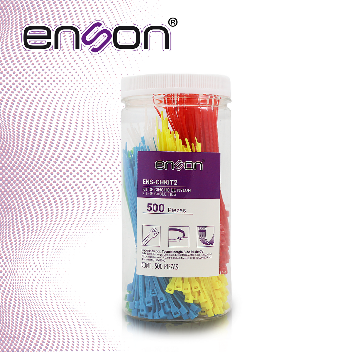 kit de cinchos de nylon ens-chkit2 de 500 piezas en 5 colores de 100mm uso sugerido de pinaza tensora ens-tgun