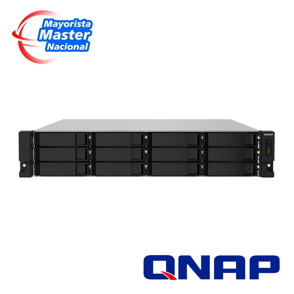 nas qnap ts-1232pxu-rp-4g-us / procesador annarpuna labs apline / memoria ram 4gb / 12 bahias frontales sata 3.5 pulgadas y 2.5 pulgadas / 2 puertos rj45 2.5gbe mas 2 puertos fibra optica sfp plus 10gbe / fuente redundante / montaje en rack 2ur
