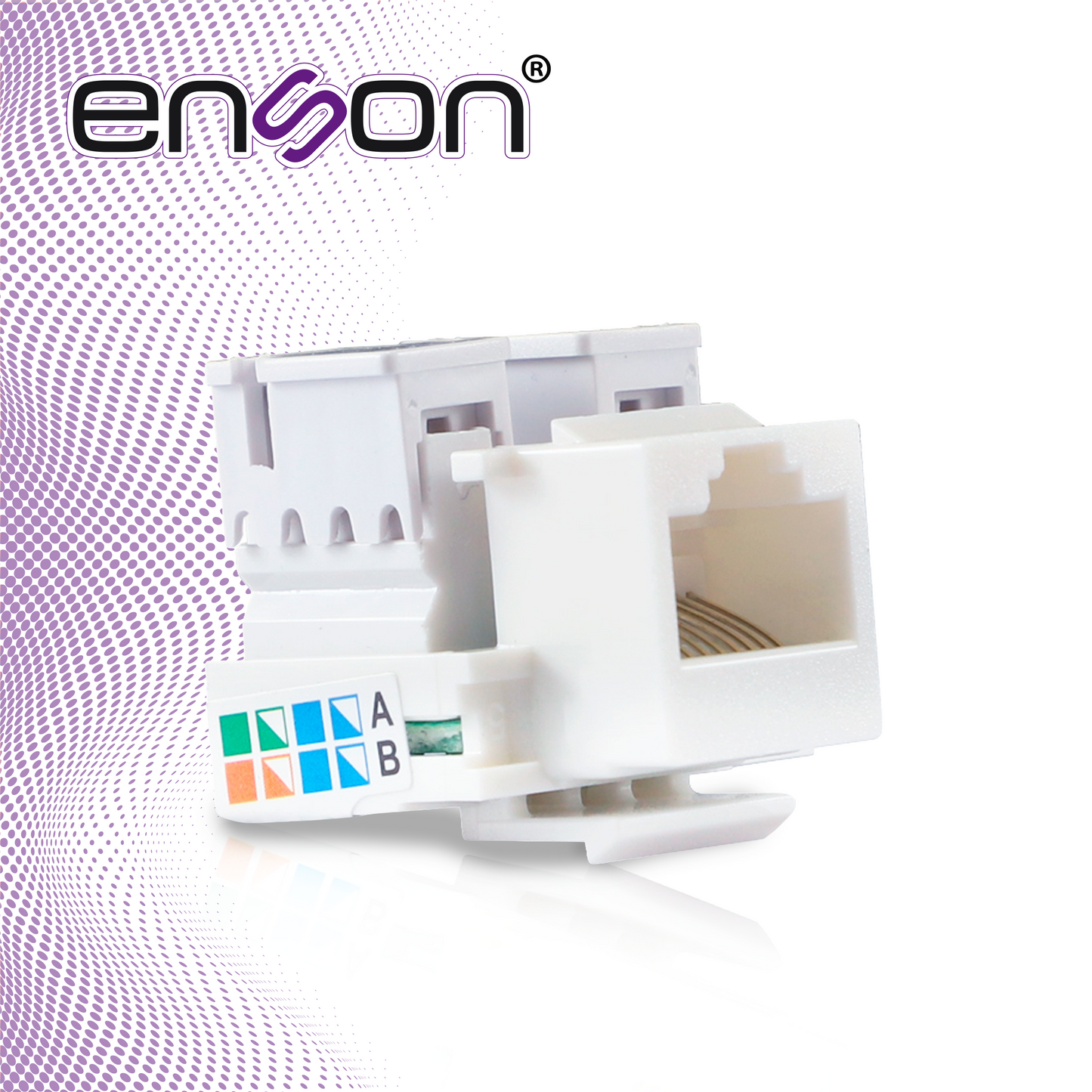 conector jack enson ens-jc5wh cat5e color blanco a 90 grados ponchado con pinzas y cubrepolvo.