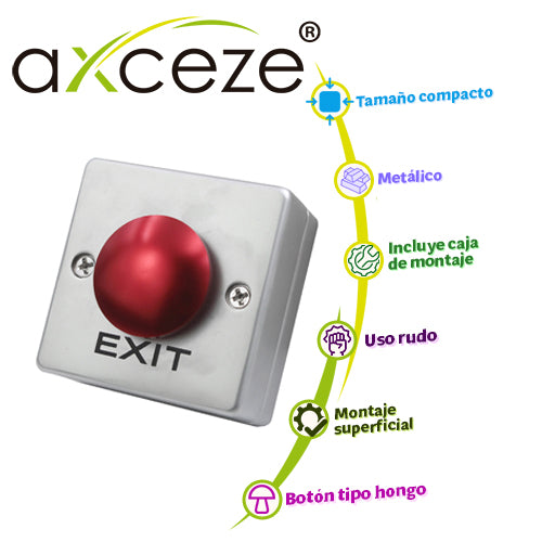 boton liberador axceze ax-b55 boton tipo push con forma de hongo en color rojo incluye base metalica fabricado en aleacion de zinc medidas 53 x 53 x 38mm conexion a 2 hilos cuenta con los estados n.o. y n.c.