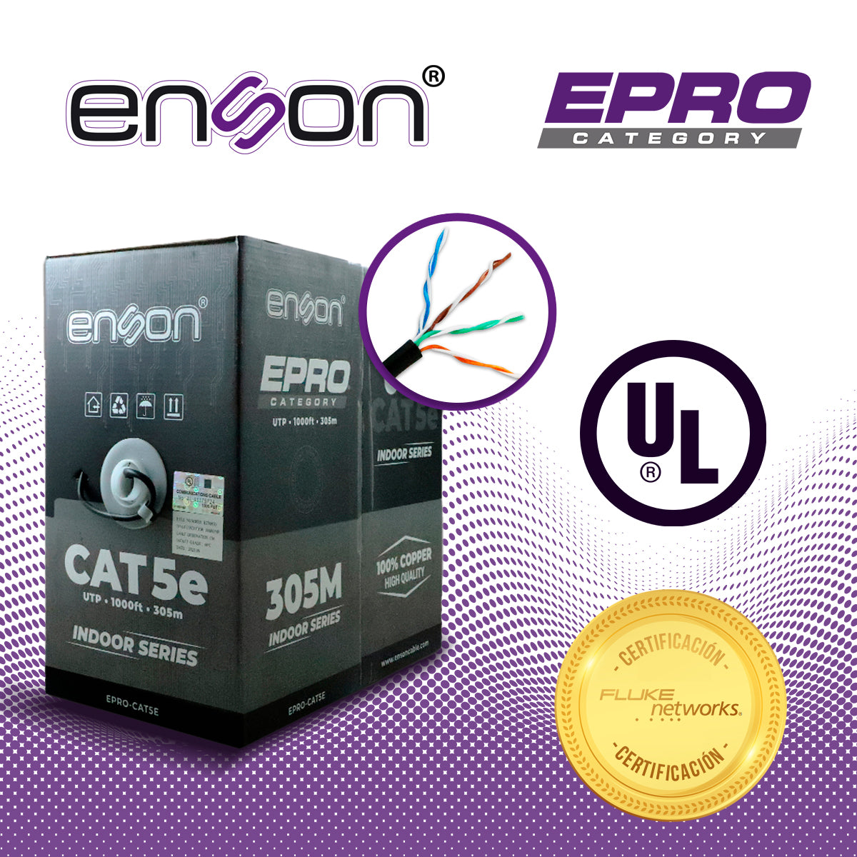 cable utp cat5e enson epro-cat5e forro color negro pvc cm 4 pares calibre 24 awg 100 ciento cobre uso interior bobina 1000 pies 305 metros (certificacion ul)