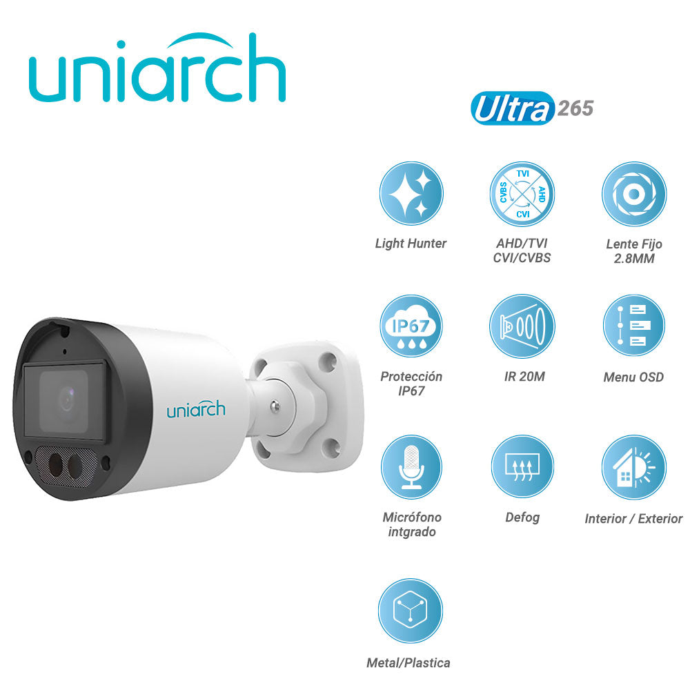 camara analogica lighthunter bullet uniarch uac-b122-af28lm / uac-b122-af28lm-h / 2mp / ahd/tvi/cvi/cvbs / lente fijo 2.8mm / 12vcd / ip67 / ir 20m / dwdr / menu osd / microfono integrado / defog / interior / exterior / metal plastica