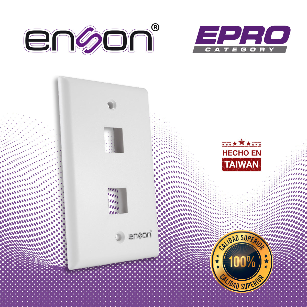 placa de pared (faceplate) enson epro-fp20 compatible con jack keystone 2 puertos color blanco uso en interior ideal para conectores rj45 coaxial fibra optica fabricado en plastico abs