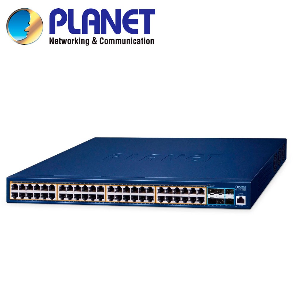 switch poe administrable l3 planet gs-6311-48p6x / 48 puertos rj45 poe af/at 10m/100m/1000m/2.5gbps / 6 puertos sfp+ 1/10gbps / 1 puerto consola / budget poe 500w / anillo erps / igmp acl mld / ospf v2 rounting dinamico / fuente de alimentacion 100-240vca