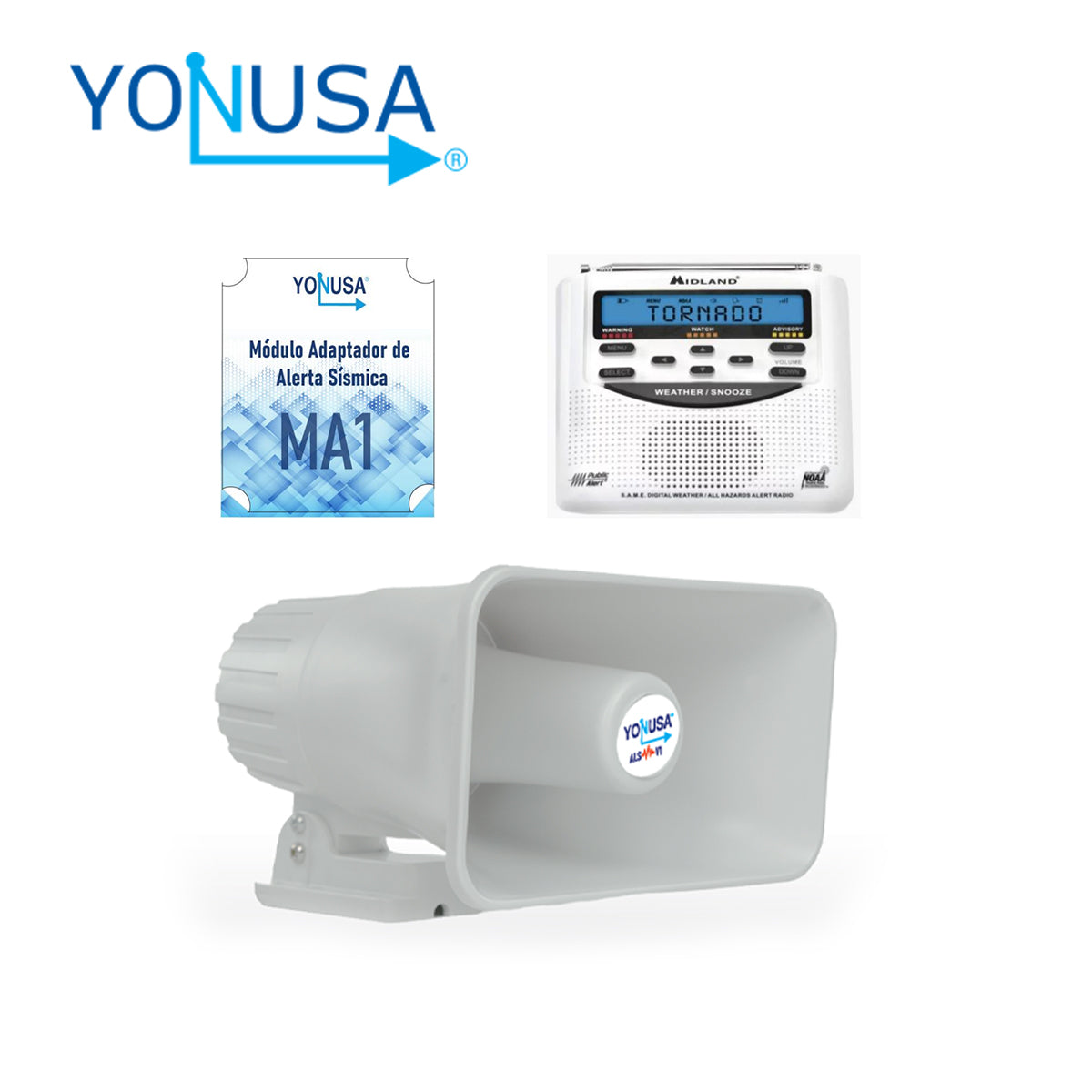 kit alerta sismica yonusa. contiene el audio oficial de alerta sismica mexicano para emision de alertas tempranas. respaldo de bateria 120 db de salida sonora. compatible con cualquier radio meteorologico wifi sismico yonusa y multipunto yonusa.