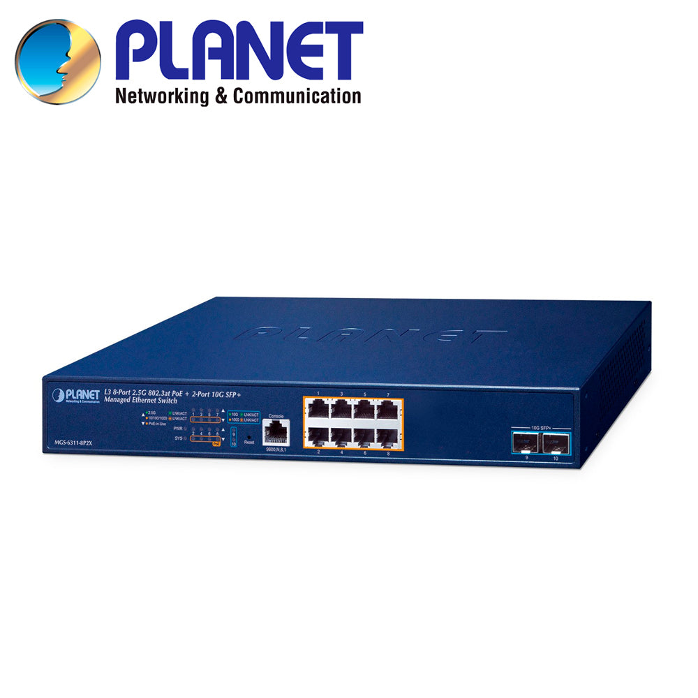 switch poe administrable l3 planet mgs-6311-8p2x / 8 puertos rj45 poe af/at 10m/100m/1000m/2.5gbps / 2 puertos sfp+ 1/10gbps / 1 puerto consola / budget poe 150w / anillo erps / igmp acl mld / ospf v2 rounting dinamico / fuente de alimentacion 100-240vca