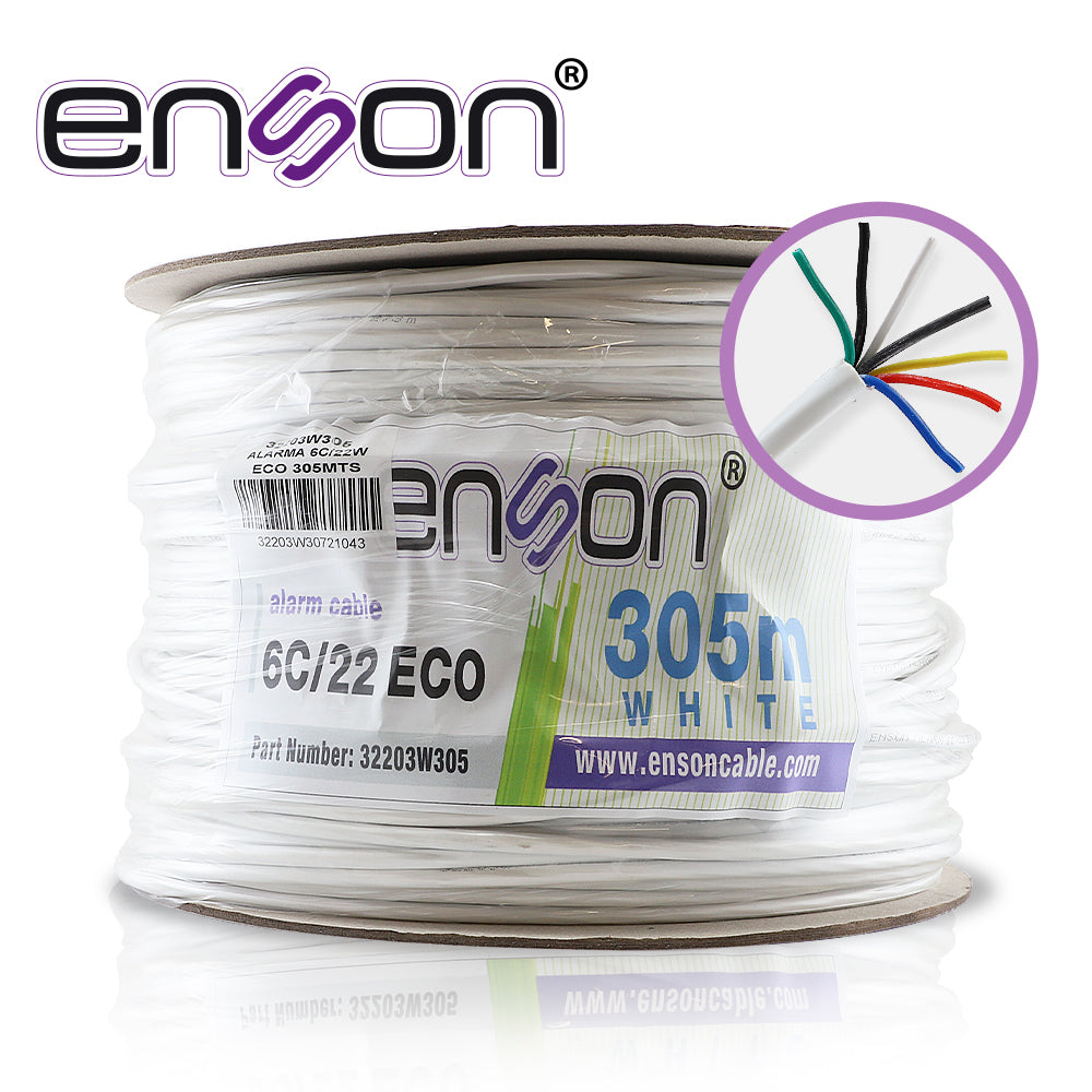 cable de alarma enson 32203w305 serie eco multifilar 6c/22 awg bobina de 305 metros forro pvc color blanco para uso interior diseñado para conexiones de sistemas de alarma