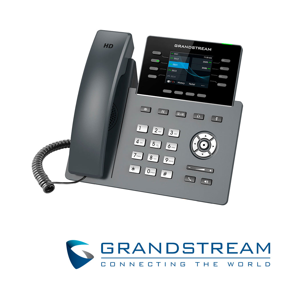 telefono ip grado carrier wifi 6 grandstream grp2624 / 12 cuentas sip / 8 lineas / 8 teclas de lineas / pantalla color lcd tft / 2 puertos 10/100/1000mbps / wifi 802.11ac/ax / alimentacion poe af / 12vcd/1a