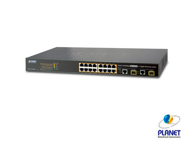 switch administrable planet fgsw-1816hps / 16 puertos rj45 10/100 auto-mdi/mdi-x / puertos inyector poe 802.3af/at poe + / 2 puertos rj45 10/100/1000 mbps mdi/mdix / 2 puertos sfp 1000 mbps / 270 watts de consumo / recinto de metal / montaje en rack.