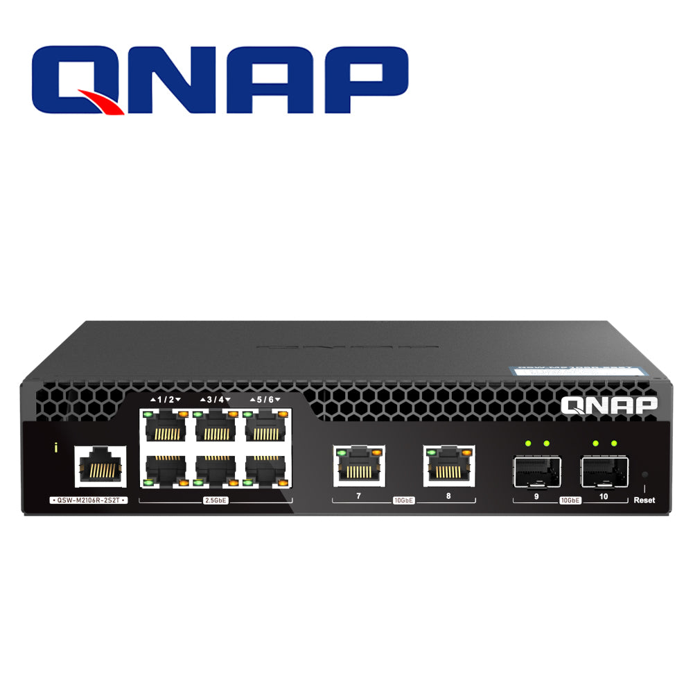 switch qnap qsw-m2106r-2s2t para rack / gestionable / 6 puertos 2.5gbps / 2 puertos sfp+ 10gbps / 2 puertos 10gbe nbase-t