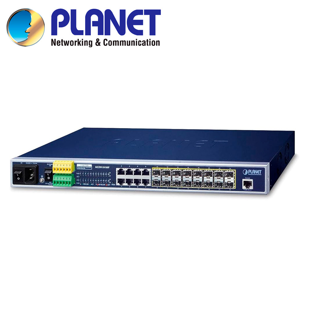 switch administrable l2+ planet mgsw-24160f / 8 puertos rj45 10/100/1000mbps / 12 puertos sfp 100/1000mbps / 4 puertos sfp 100m/1/2.5/10gbps / 1 puerto consola / 2 entradas/salidas alarma digital / doble fuente alimentacion 100-240vca/36-60vcd