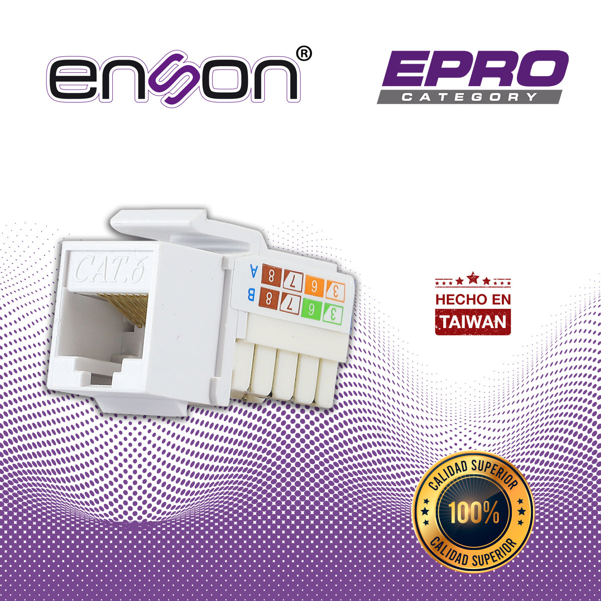 conector modular jack rj45 enson epro-jack6-wh serie pro posicion vertical cat6 color blanco compatible con placas enson epro-fp requiere uso de pinzas epro-jacktool