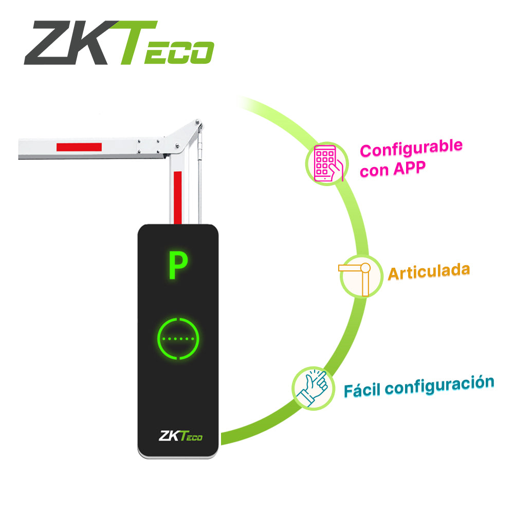 barrera articulada 90 grados derecha integra apertura por medio de app bgm1145r-90 zkteco alimentacion a 110vca brazo dividido en 2 secciones tiemp del ciclo completo 3s iluminacion en el cuerpo compatible con zk barrier app