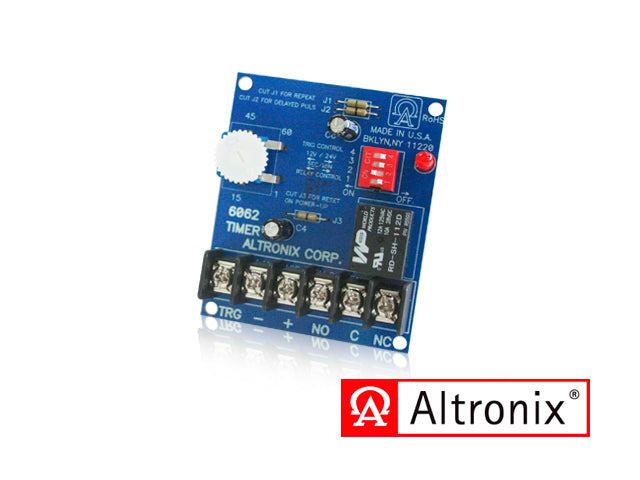 temporizador multiproposito / rango de programacion de 1 segundo a 60 minutos / 6062 altronix / voltaje de 12 o 24 vcd consumo de corriente 3 ma modo reposo y 40 ma activado cuenta con funcion de reinicio y modo de repeticion