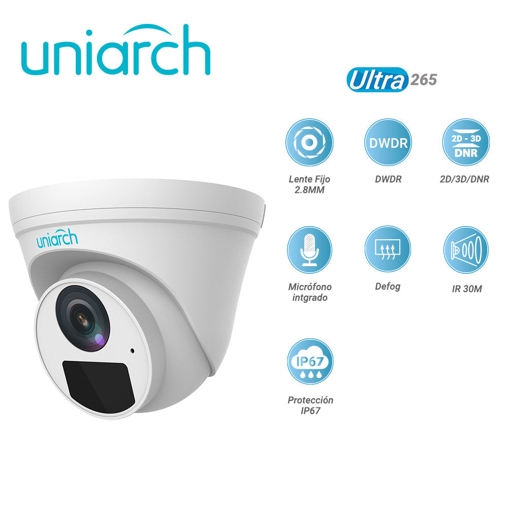 camara ip turret uniarch ipc-t122-apf28-e / 2mp / lente-fijo-2.8mm / dwdr / ir30m / microfono-integrado / digital defog / onvif / 3-axis / ip67 / ultra265 / poe-af / 12 vcd